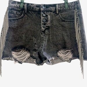 North End Black Denim Shorts Size M Rhinestone Fringes Frayed Hem Distressed